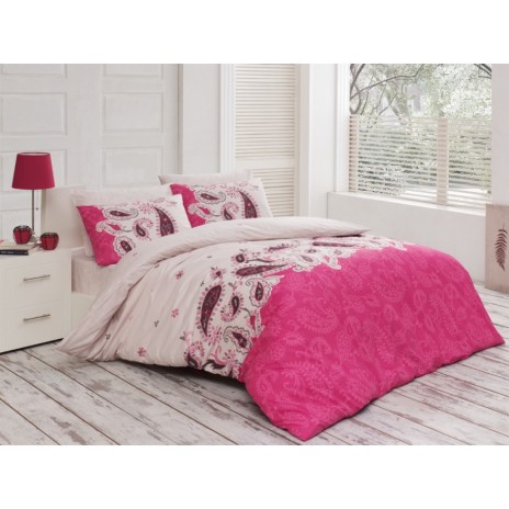Lenjerie de pat Ranforce Bahar Klara roz și crem cu design paisley din bumbac