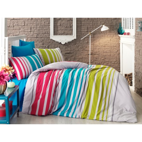 Lenjerie de pat Ranforce Bahar Milly cu design modern cu dungi multicolore din bumbac