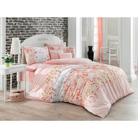 Lenjerie de pat Ranforce Bahar Mona roz deschis și alb cu design floral din bumbac