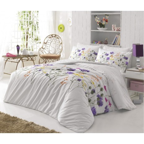 Lenjerie de pat Ranforce Bahar Nergis alb, mov și galben cu design floral din bumbac
