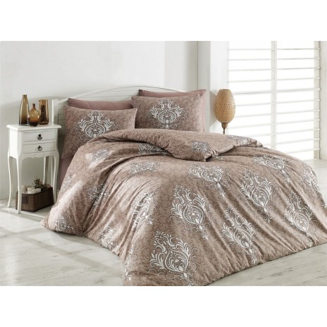 Lenjerie de pat Bahar Rosina din bumbac ranforce cu design baroc maro și crem