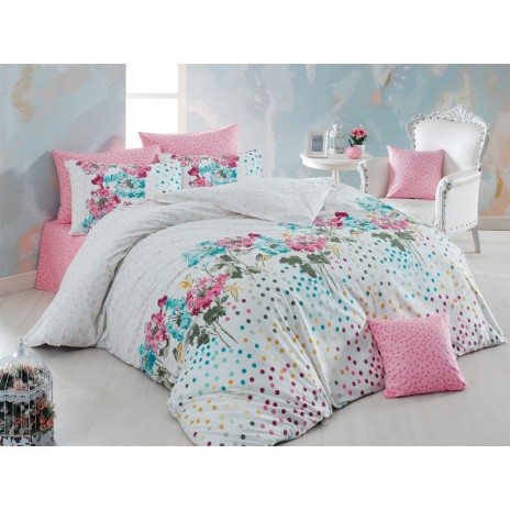 Lenjerie de pat Ranforce Bahar Sara alb, roz și albastru cu design floral și buline din bumbac