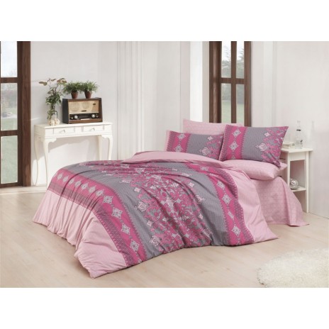 Lenjerie de pat Ranforce Bahar Valerie V1 cu design elegant în nuanțe de roz și gri decorată cu motive ornamentale și detalii geometrice