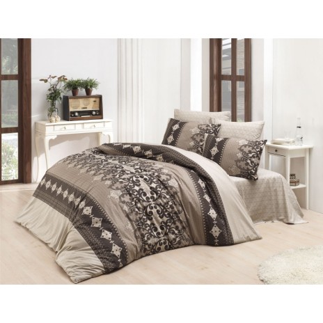 Lenjerie de pat Ranforce Bahar Valerie V3 cu design elegant în nuanțe de maro și bej decorată cu motive ornamentale și detalii geometrice
