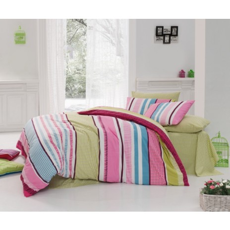 Lenjerie de pat Ranforce Bahar Vanessa V1 cu dungi colorate în nuanțe de roz, verde, albastru și alb.
