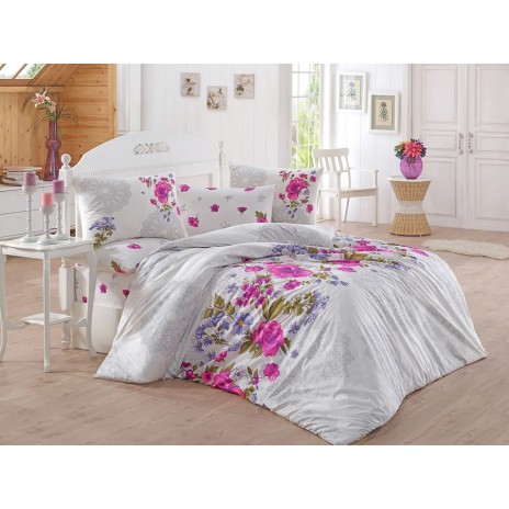 Lenjerie de pat Ranforce Bahar Violette V1 cu design floral vibrant în nuanțe de roz, mov și verde decorată cu flori delicate pe fundal alb