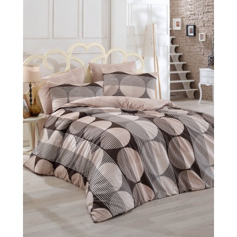 Lenjerie de pat Ranforce Bahar Zara V3 cu design modern în nuanțe de maro și bej decorată cu cercuri mari și dungi subtile