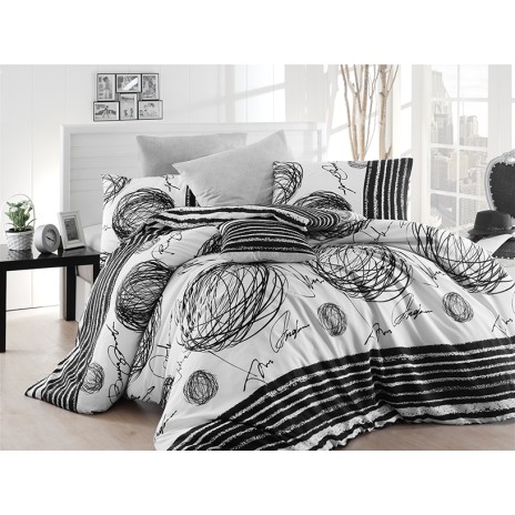 Lenjerie de pat dublu Blacky NR 165 cu design abstract în alb și negru.