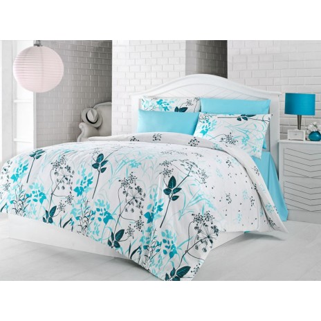 Lenjerie de pat Ranforce Blue Garden cu design floral albastru și turcoaz pe fundal alb