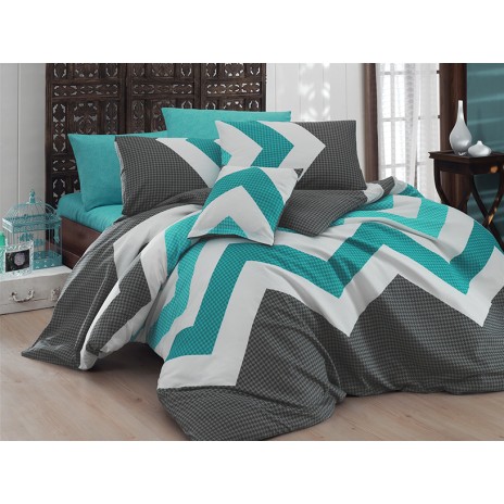 Lenjerie de pat dublu Candy Turkuaz NR 164 cu design geometric modern în nuanțe de turcoaz și gri.