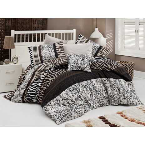 Lenjerie de pat dublu Cheta Kahve NR 162 cu design animal print în nuanțe de maro și alb-negru.