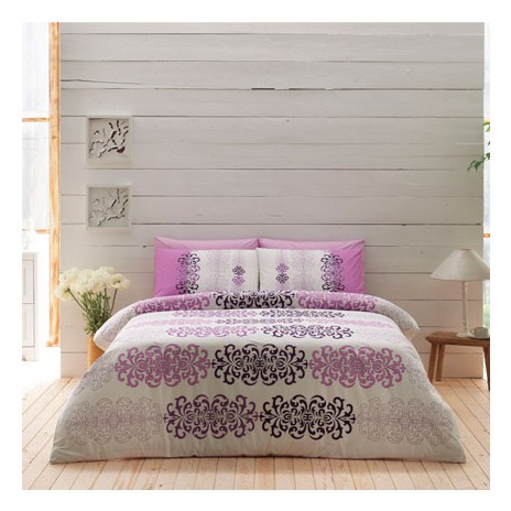 Lenjerie de pat Ranforce Despina Lila cu design elegant și motive ornamentale în nuanțe de lila și negru pe fundal alb.
