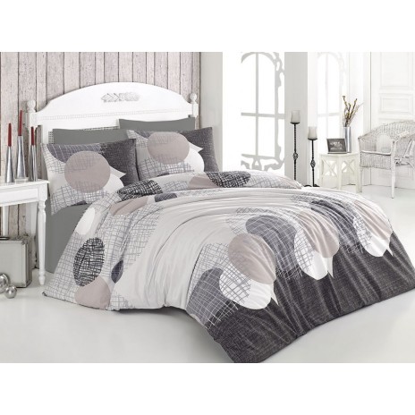 Lenjerie de pat Ranforce Jadore cu design geometric în nuanțe de gri, alb și bej.
