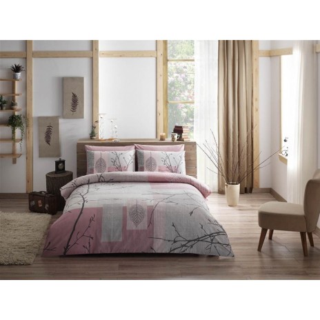 Lenjerie de pat Ranforce Laurel Pembe cu design cu frunze și ramuri în nuanțe de roz, gri și maro pe fundal crem.