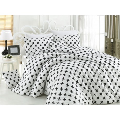 Lenjerie de pat din bumbac ranforce Reina cu design minimalist în cruci negre pe fundal alb