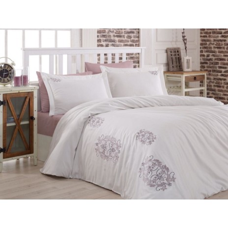 Lenjerie de pat din bumbac satinat dublu cu broderii elegante argintii și gri deschis, 4 piese, alb imaculat, Nazenin Home