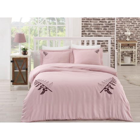 Lenjerie de pat din bumbac satinat dublu cu broderii elegante în formă de frunze maro închis, 4 piese, roz pudră, Nazenin Home