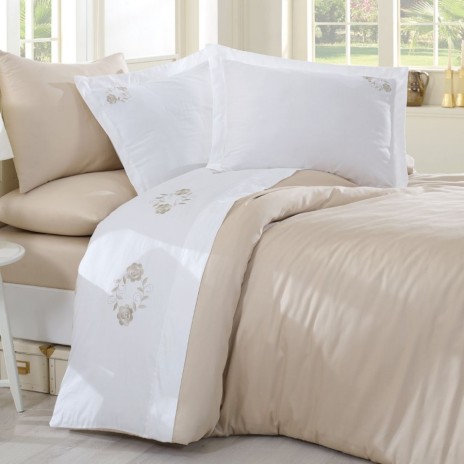 Lenjerie de pat din bumbac satinat Ahsen Nazenin Home, set 6 piese, design elegant cu broderie, culori bej și alb.