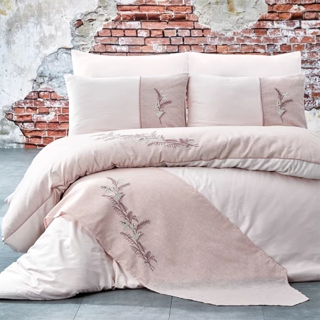 Lenjerie de pat din bumbac satinat Armoni Nazenin Home, set 6 piese, design elegant cu broderie, culori roz pudra și alb.