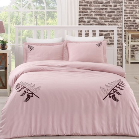 Lenjerie de pat din bumbac satinat Mihrimah Nazenin Home, set 6 piese, design elegant cu broderie, culori roz pudra și alb.