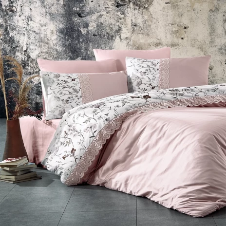 Lenjerie de pat din bumbac satinat Olivia Nazenin Home, set 6 piese, design elegant cu dantelă brodată, culoare roz pudra.