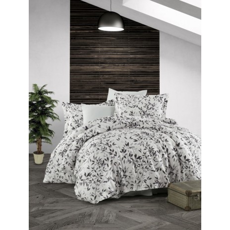 Lenjerie de pat dublu din satin alb-negru cu imprimeu de frunze, model Fall