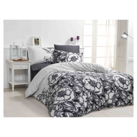 Lenjerie de pat dublu din satin alb-negru cu flori, model Marjorie Black