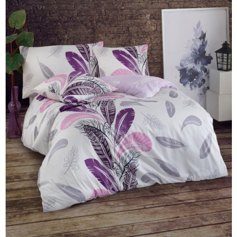 Lenjerie de pat satin de lux cu pene mov, lila și gri pe fundal alb, set de 6 piese