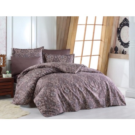 Lenjerie de pat Similar Brown bumbac satinat maro, design floral complex, detalii decorative, 6 piese