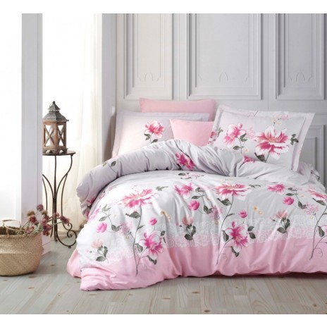 Lenjerie de pat Aida cu imprimeu floral roz, din bumbac satinat 100%, set de 6 piese