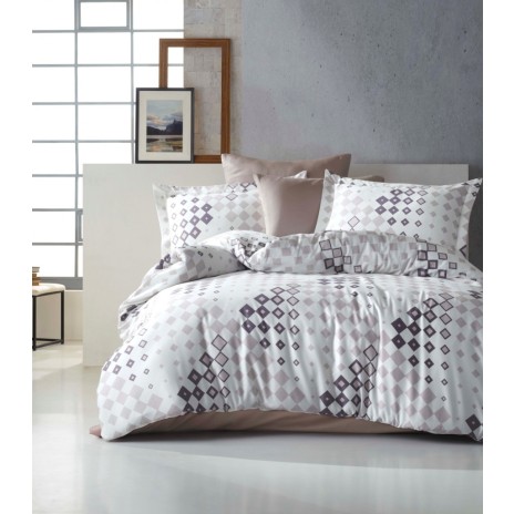 Lenjerie de pat Laodikya cu imprimeu geometric în nuanțe de gri și bej, din bumbac satinat 100%, set de 6 piese