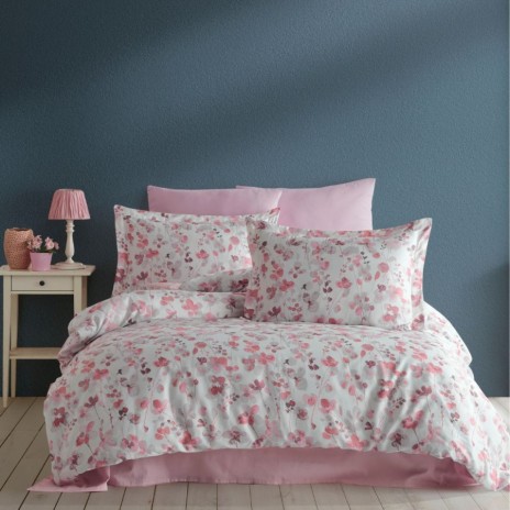 Lenjerie de pat roz și alb, model floral, set de 6 piese, Class Home Collection, 100% bumbac satinat.