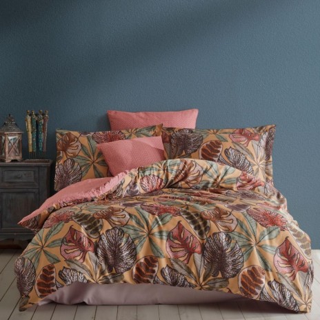 Lenjerie de pat Greta Terra, bumbac satinat, design frunze exotice coral, set 6 piese