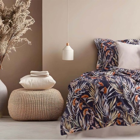 Lenjerie de pat satin de lux 6 piese Class Home Collection Marvin Bone cu imprimeu vegetal pe fundal inchis