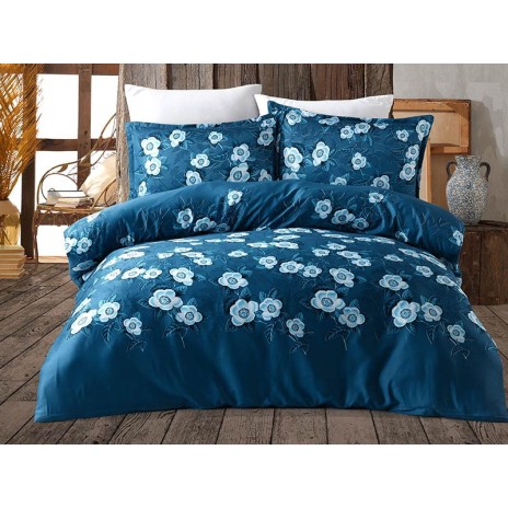 Lenjerie de pat din bumbac satinat, model Class Home Collection Ocean Blue, albastru intens cu flori albe