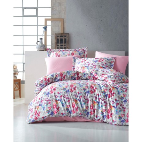 Lenjerie de pat Rainbow cu imprimeu cu flori multicolore și detalii roz, din bumbac satinat 100%, set de 6 piese