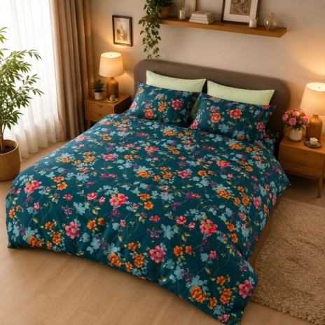 Lenjerie de pat satin de lux 6 piese Class Home Collection Tonia Floral cu imprimeu floral vibrant pe fundal albastru