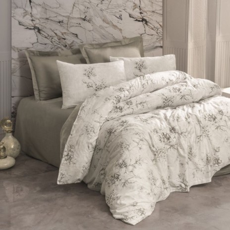 Lenjerie de pat model Florid Mink, design cu flori, material bumbac satinat, set 6 piese, culoare neutra.