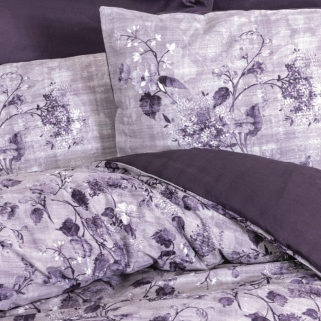Lenjerie de pat model Willow Purple, design mov, material bumbac satinat, set 6 piese, flori delicate.