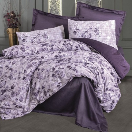 Lenjerie de pat model Willow Purple, design mov, material bumbac satinat, set 6 piese, flori delicate.