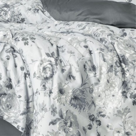 Lenjerie pat satin de lux 6 piese Cotton Box design cu flori gri pe fundal alb, Moale