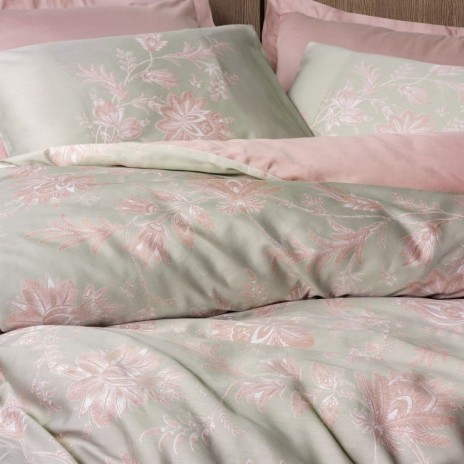 Lenjerie de pat satin de lux 6 piese Betula Roz Pudra Cotton Box cu flori si frunze in nuante de roz si gri
