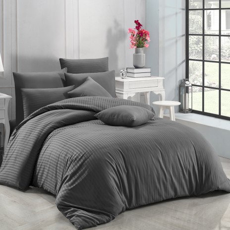 Lenjerie de pat Nazenin Home Antracit, design simplu cu dungi antracit, bumbac 100% satinat mercerizat