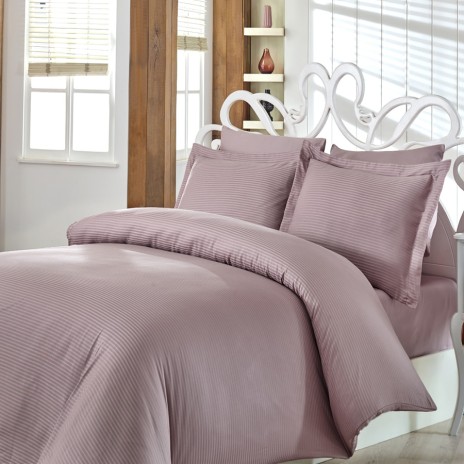 Lenjerie de pat Nazenin Home Rose, design simplu cu dungi roz, bumbac 100% satinat mercerizat