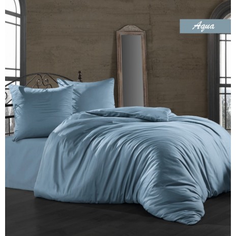 Lenjerie de pat Bahar Tekstil bumbac satinat albastru aqua, design simplu, 7 piese