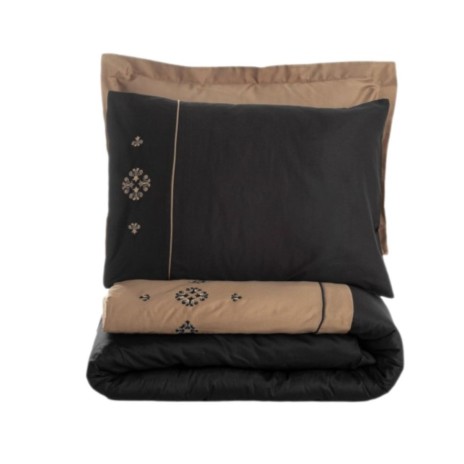 Lenjerie de pat Elisa Maro, bumbac satinat, broderie florală în nuanțe de maro și negru, set 6 piese