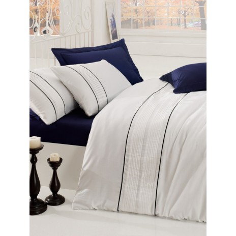 Lenjerie de pat din bumbac satinat alb-albastru Alone Dark Blue de la Cotton Box