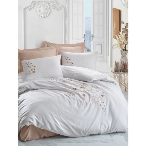 Lenjerie de pat Cotton Box Della Beige cu broderie și aplicații 3D alb și bej, bumbac satinat, 6 piese