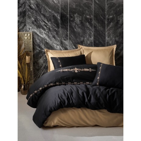 Lenjerie de pat Cotton Box Gloria Gold cu broderie negru și auriu, bumbac satinat, 6 piese
