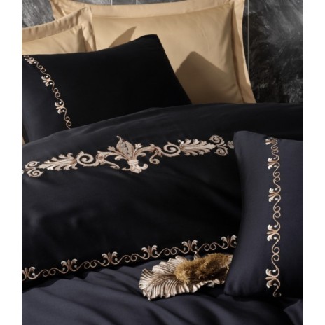 Lenjerie de pat Cotton Box Gloria Gold cu broderie negru și auriu, bumbac satinat, 6 piese
